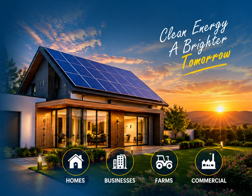 Modern solar-powered home at sunset with residential, business, farm and commercial solar solutions